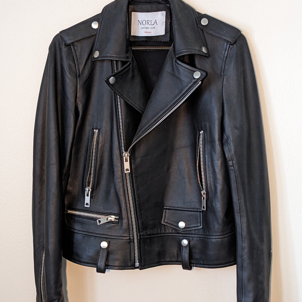 Black Leather Motorcycle Jacket with Asymmetrical Zipper